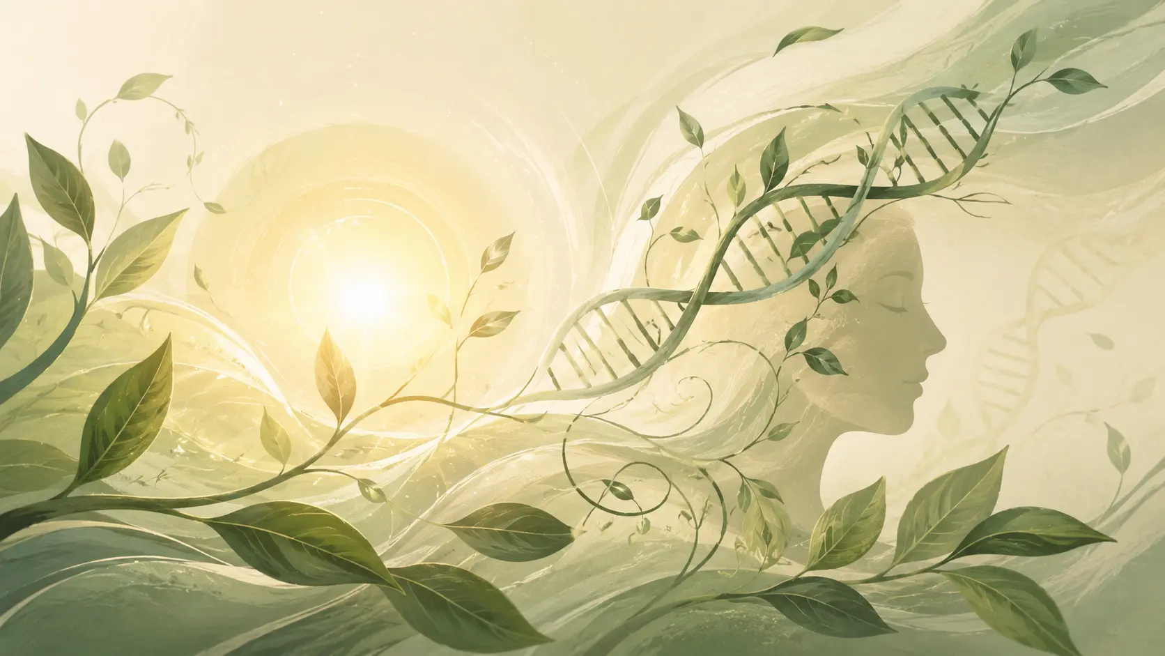 Illustration of DNA strands woven through leaves