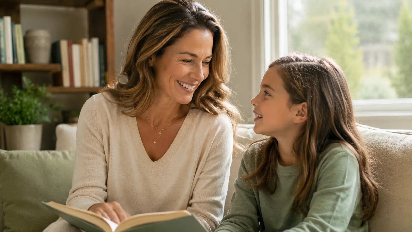 Parent and child looking at a book together